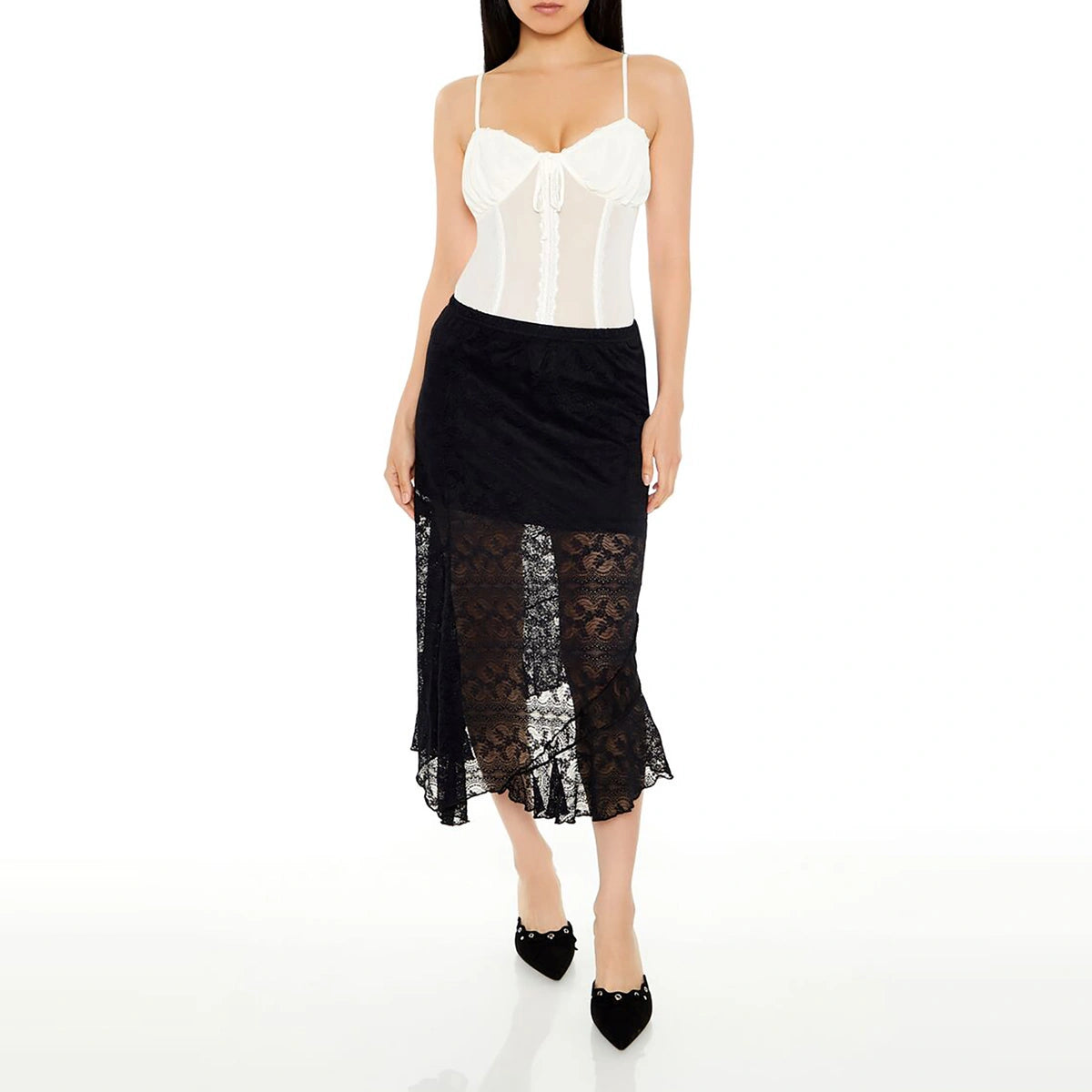 فوريفر 21 - تنورة متوسطة الطول بحاشية من الدانتيل - تُباع بواسطة اف اي جي