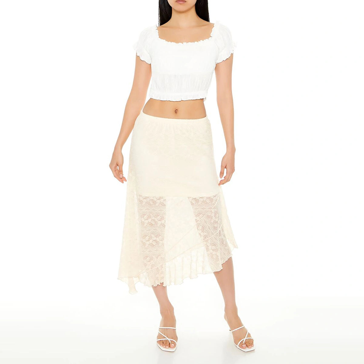 فوريفر 21 - تنورة متوسطة الطول بحاشية من الدانتيل - تُباع بواسطة اف اي جي
