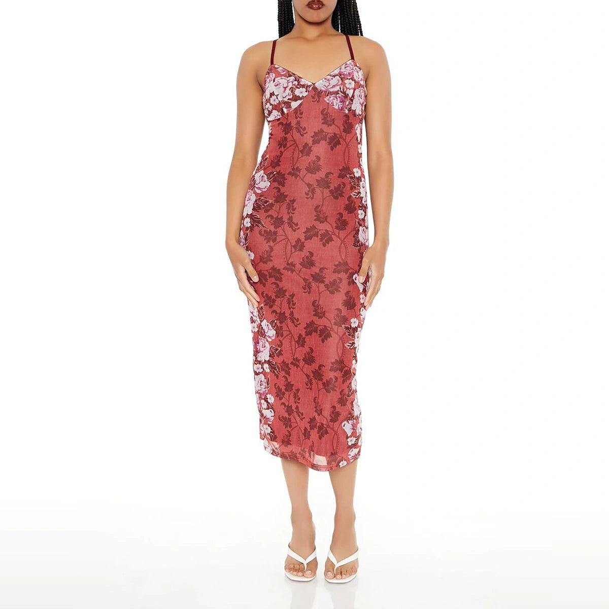 فوريفر 21 - فستان متوسط الطول شبكي بطبعة زهور - يُباع بواسطة اف اي جي