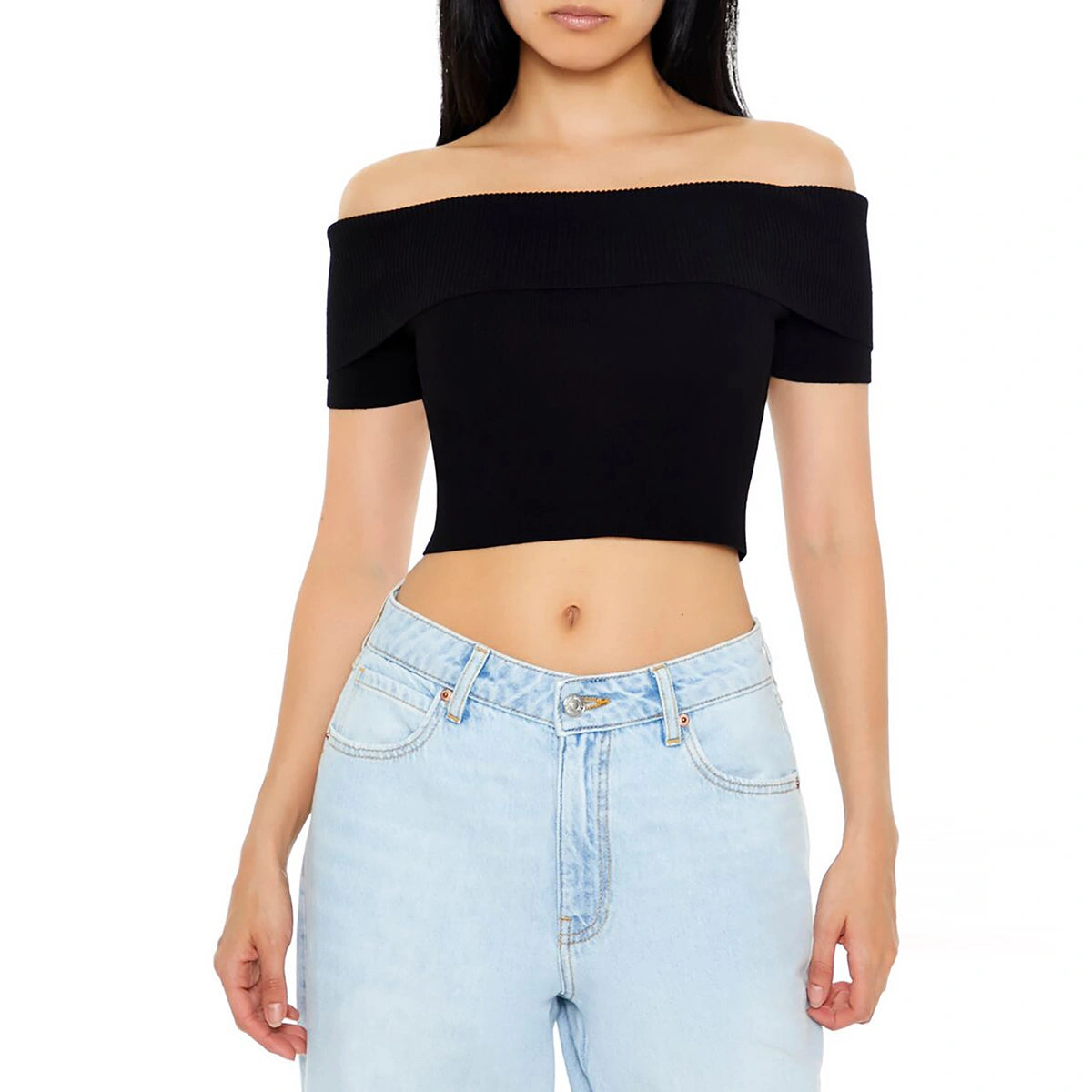 فوريفر 21 - بلوزة قصيرة مكشوفة الكتفين منسوجة بالسترات - تم بيعها بواسطة اف اي جي