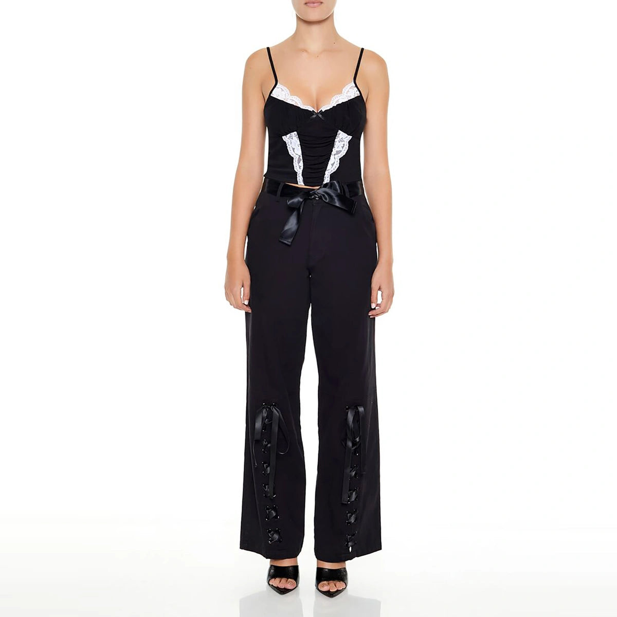 فوريفر 21 - بنطال ساتان بأرجل واسعة وأربطة - يُباع بواسطة اف اي جي