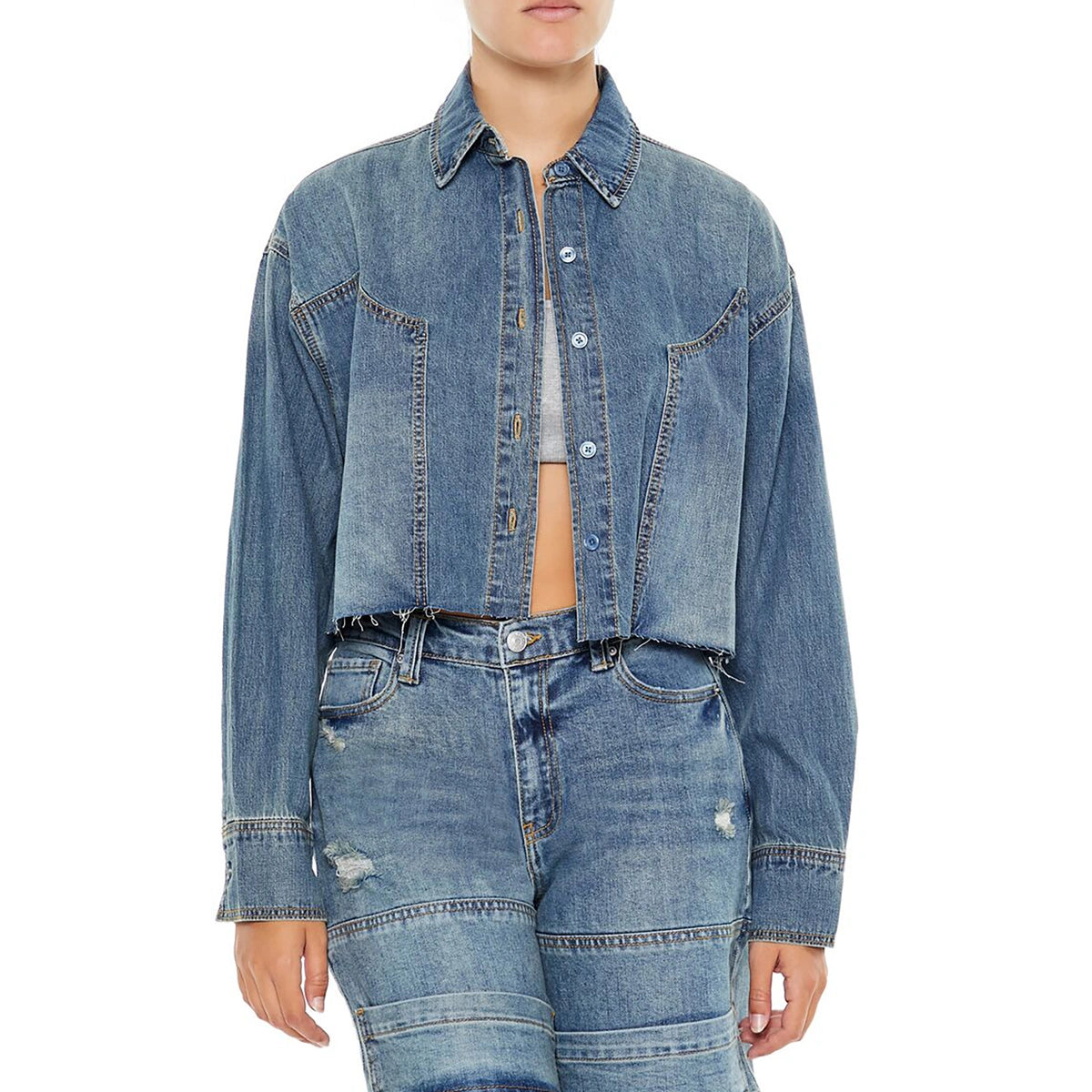 فوريفر 21 - قميص دينيم بأكمام منسدلة - يُباع بواسطة اف اي جي