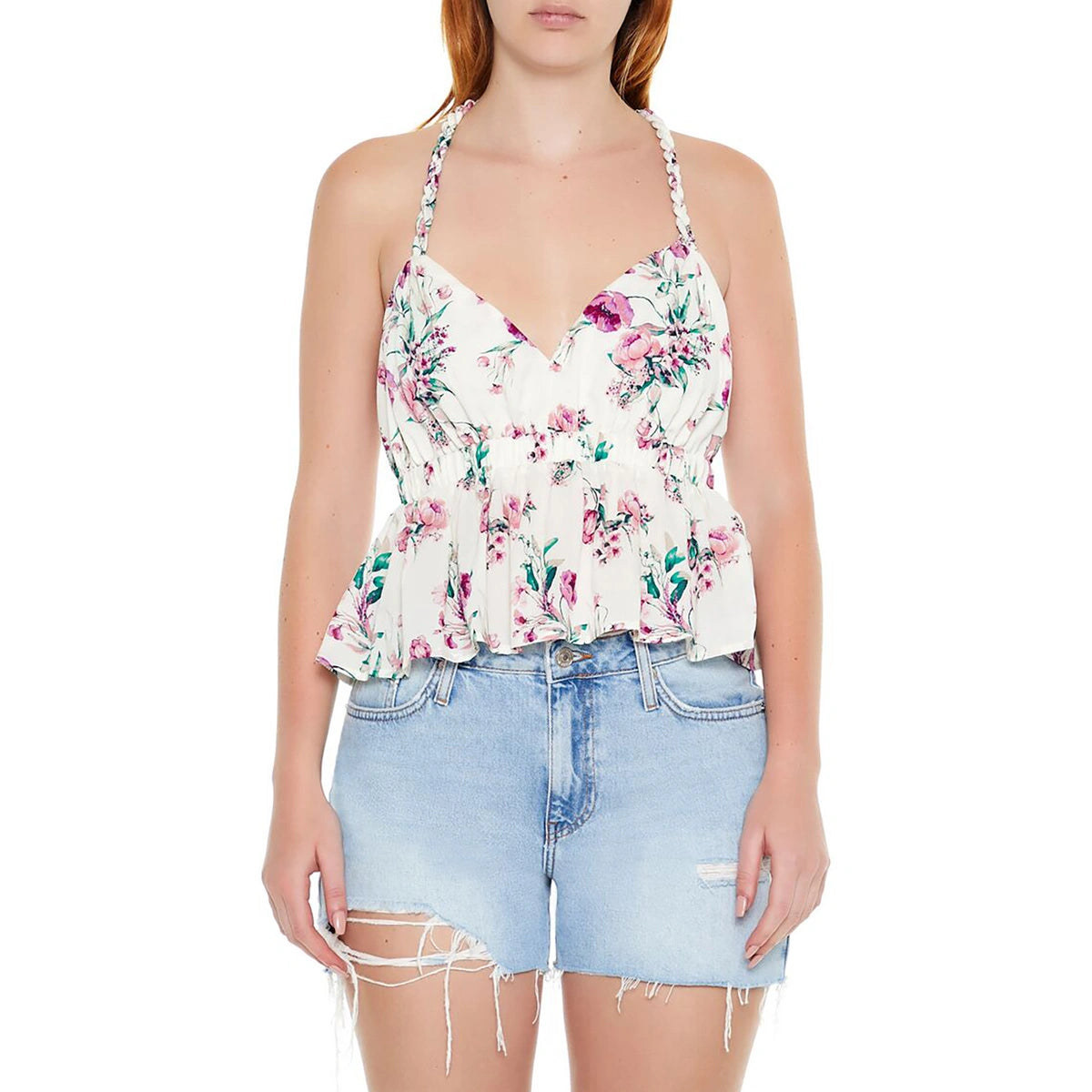 فوريفر 21 - قميص على شكل حرف T بطبعة زهور - يُباع بواسطة اف اي جي