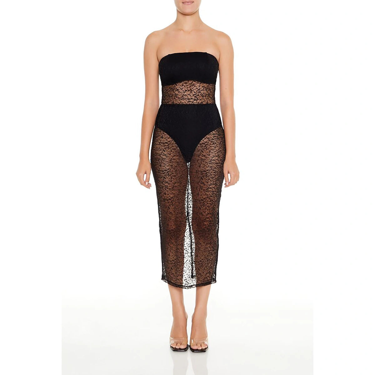 فوريفر 21 - فستان متوسط الطول من الدانتيل الشفاف - يُباع بواسطة اف اي جي