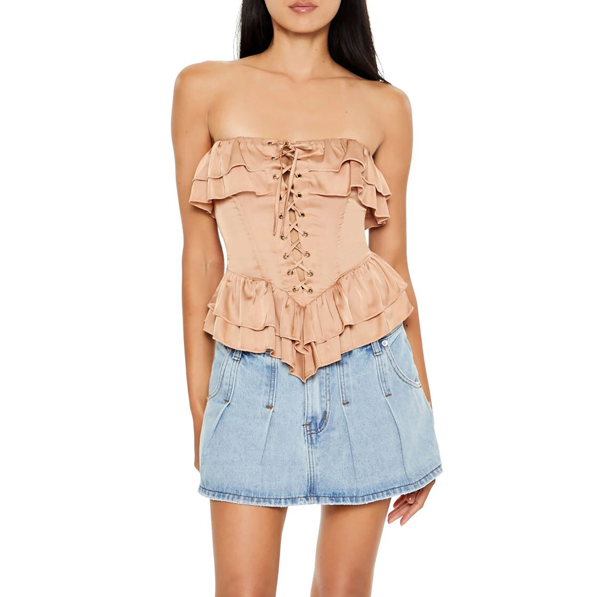 فوريفر 21 - توب تيوب من الساتان مزين بالكشكش - يُباع بواسطة اف اي جي