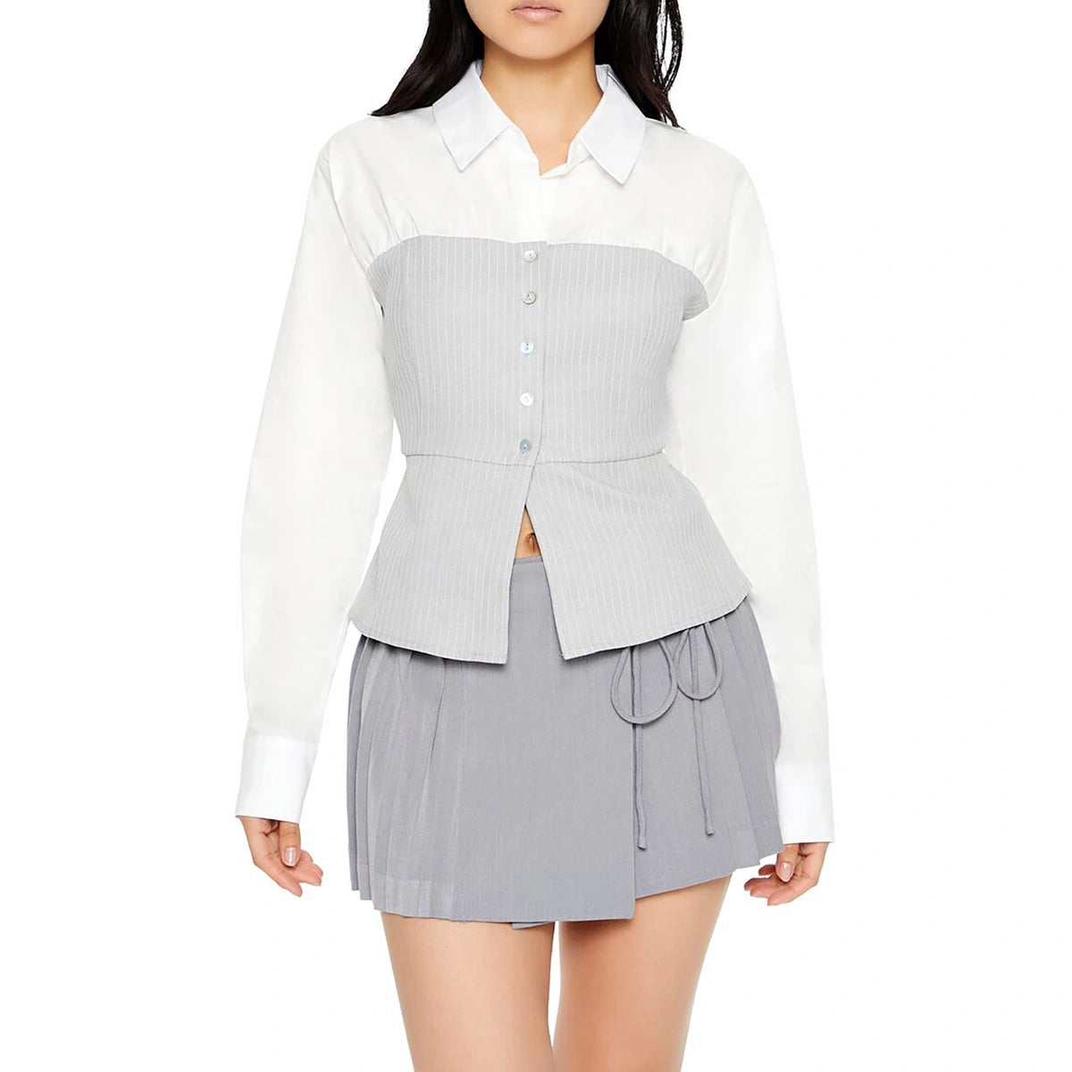 فوريفر 21 - قميص كومبو من البوبلين بحاشية مقسمة - يُباع بواسطة اف اي جي