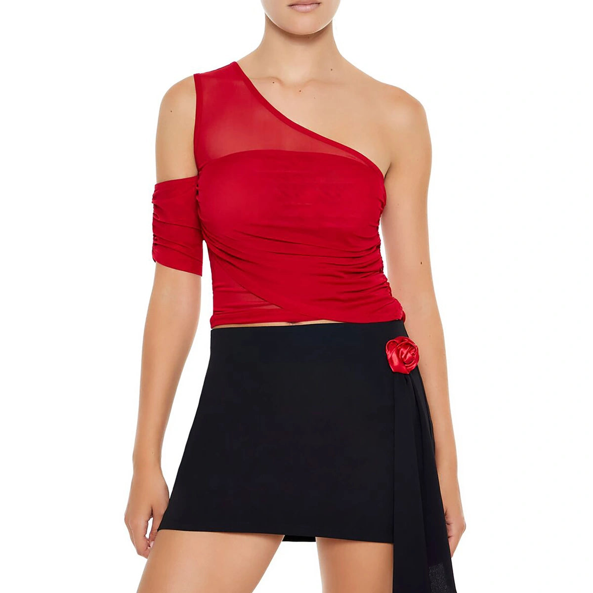 فوريفر 21 - بلوزة قصيرة شبكية بكتف واحد - تُباع بواسطة اف اي جي