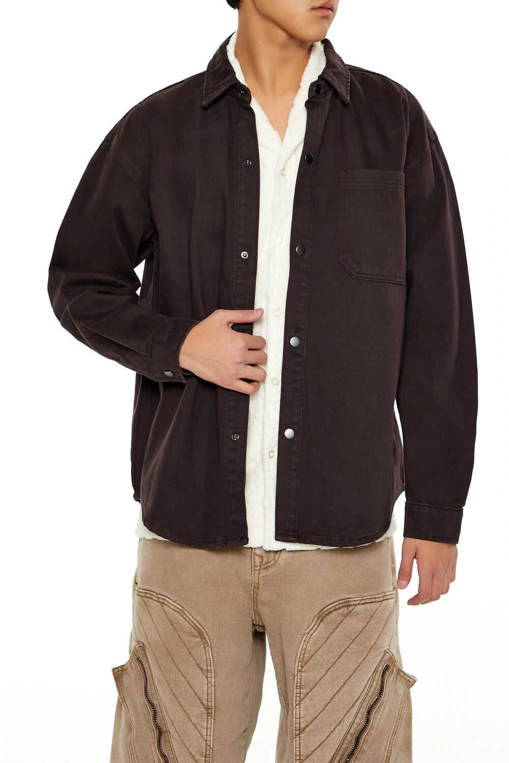 فوريفر 21-قميص قطني ذو حافة منحنية-للرجال