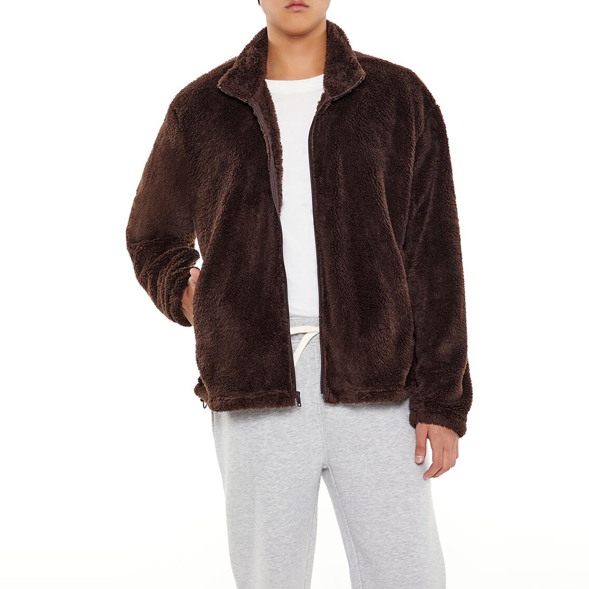 فوريفر 21 - سترة من جلد الغنم الصناعي بسحّاب للرجال - يباع بواسطة اف اى جى