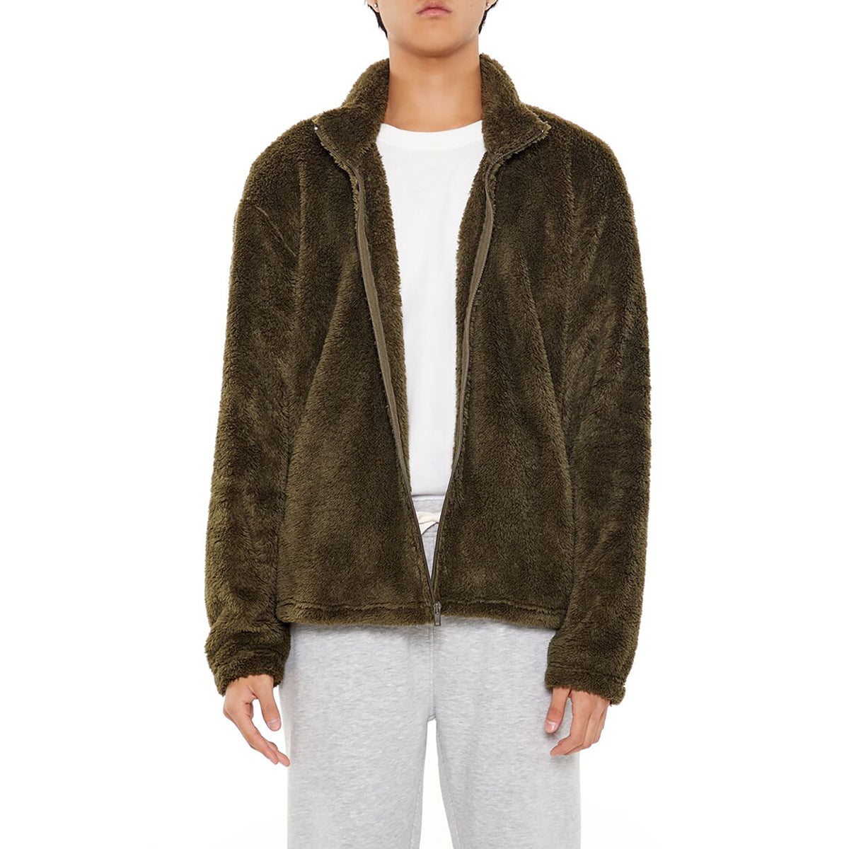 فوريفر 21 - سترة من جلد الغنم الصناعي بسحّاب للرجال - يباع بواسطة اف اى جى