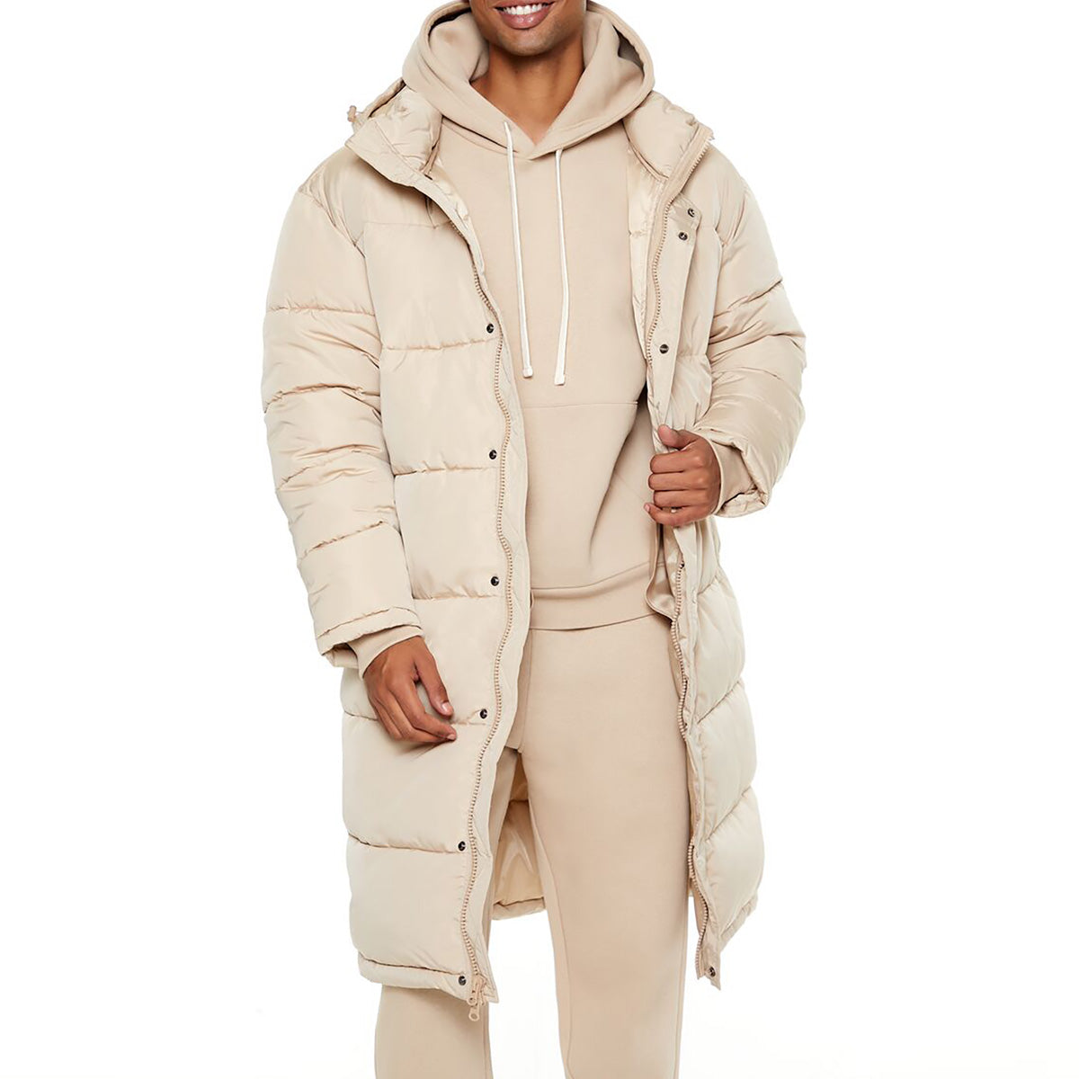 فوريفر 21 - سترة منفوخة طويلة بغطاء رأس للرجال - يباع بواسطة اف اى جى