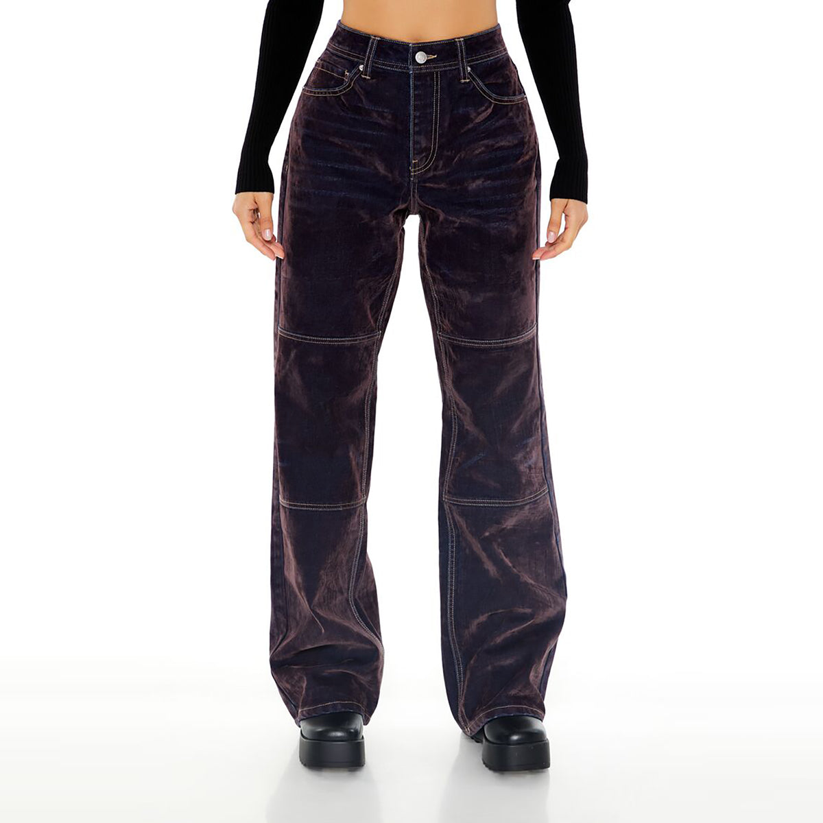 فوريفر 21 - بنطلون جينز واسع بخصر مرتفع ومزين بنقشة زهور للنساء - يباع بواسطة اف اى جى