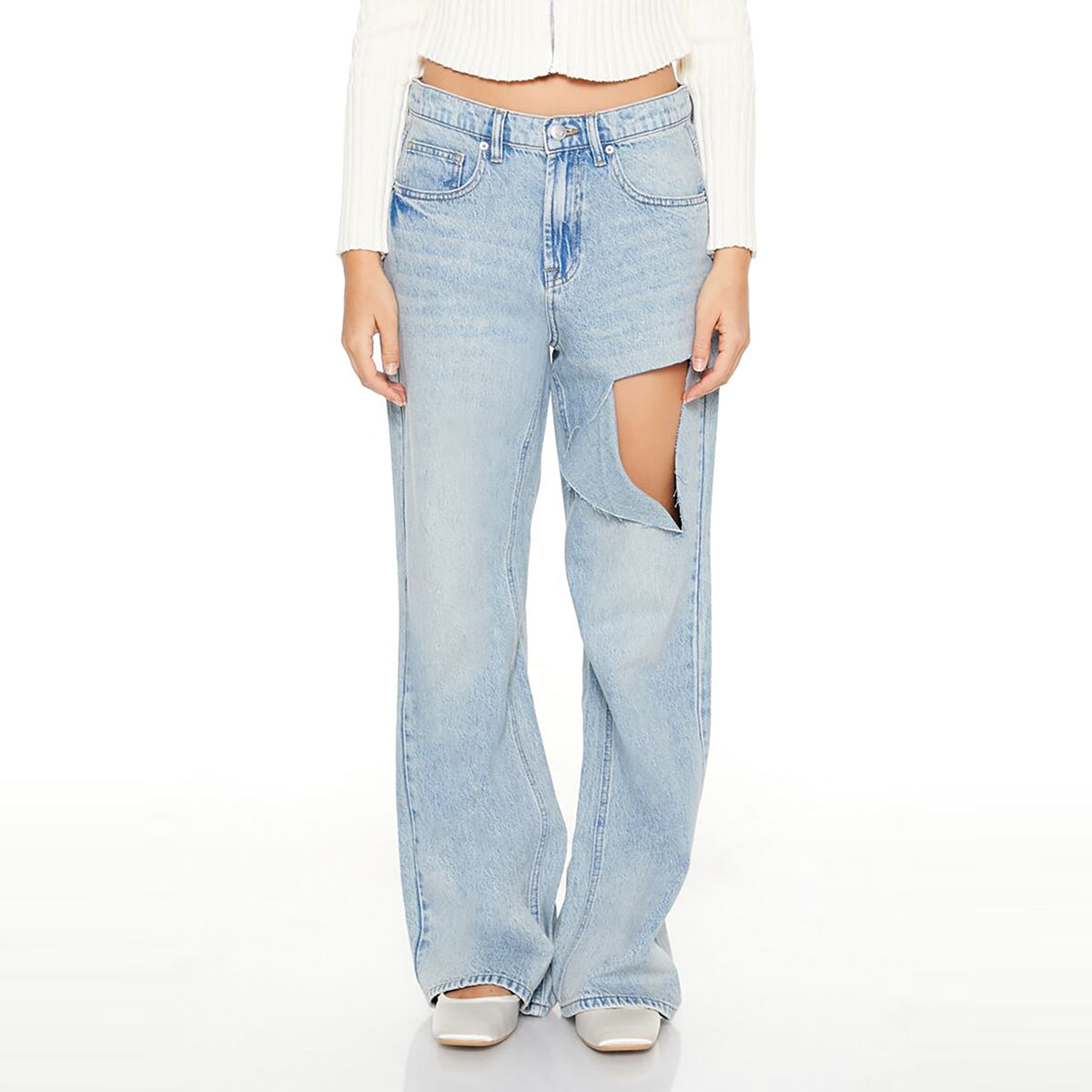 فوريفر 21 - بنطلون جينز واسع متوسط الارتفاع للنساء - يباع بواسطة اف اى جى