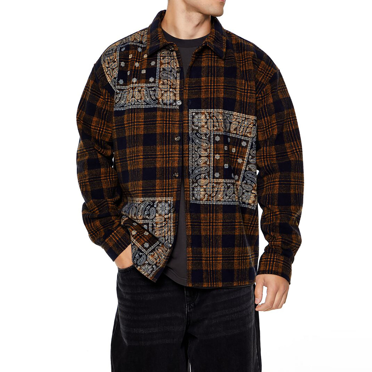 فوريفر 21 - قميص منقوش بأزرار أمامية للرجال - يباع بواسطة اف اى جى