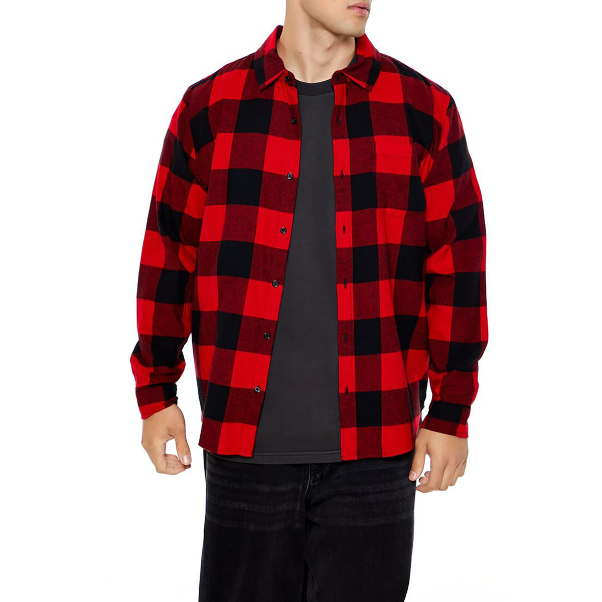 فوريفر 21 - قميص من الفلانيل المنقوش ذو الحافة المنحنية للرجال - يباع بواسطة اف اى جى