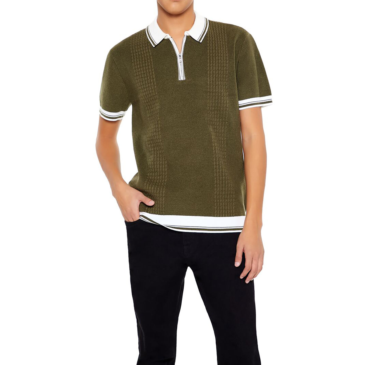 فوريفر 21 - تي شيرت بولو محبوك بسحاب للرجال - يباع بواسطة اف اى جى