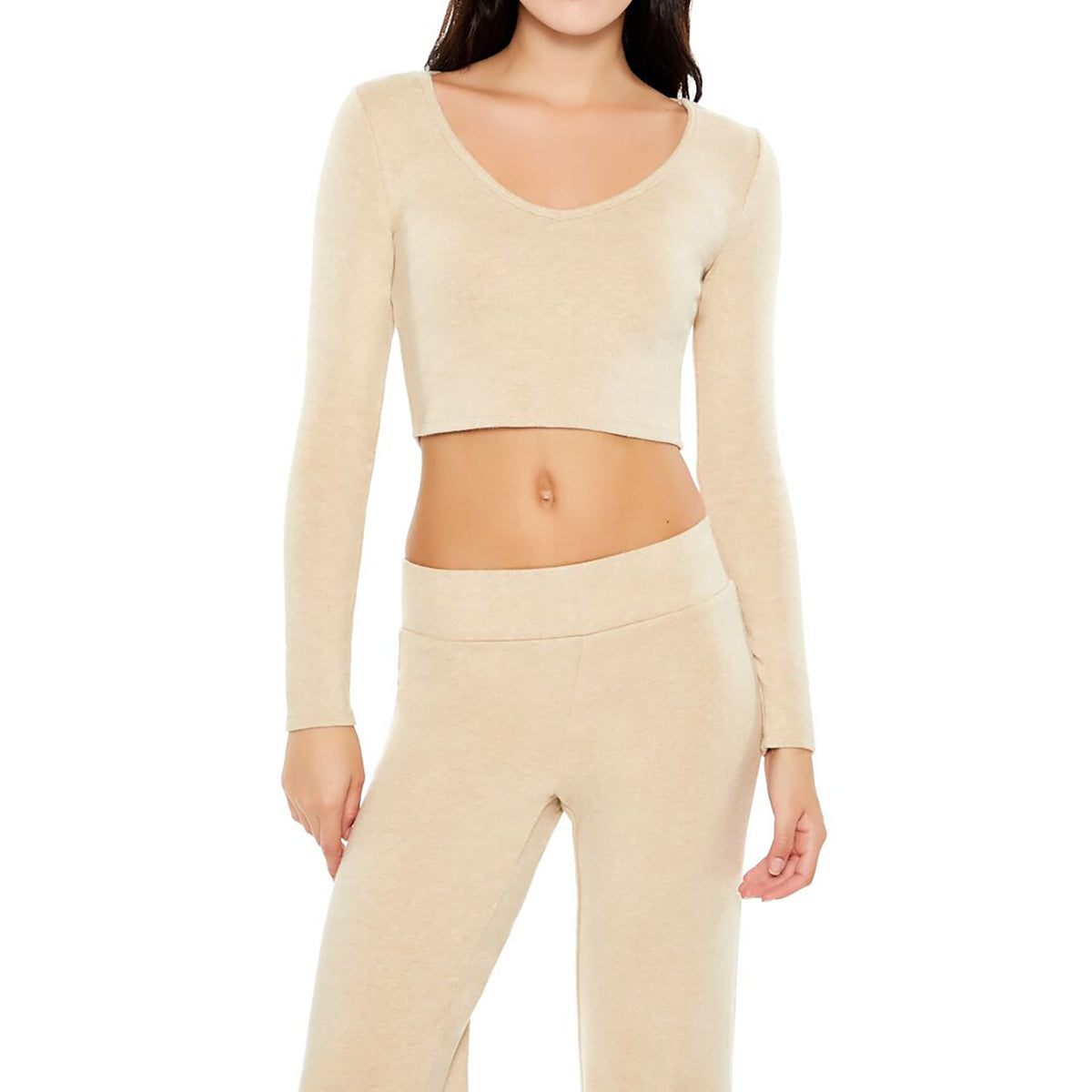 فوريفر 21 - بلوزة قصيرة بأكمام طويلة ورقبة على شكل حرف V للنساء - يباع بواسطة اف اى جى