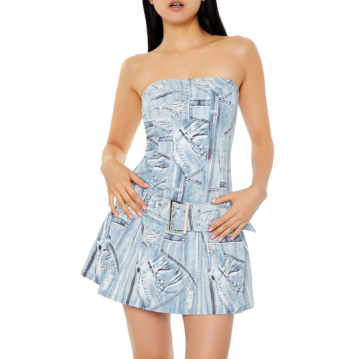 فوريفر 21 - فستان قصير بطبعة الدنيم الممزق للنساء - يباع بواسطة اف اى جى