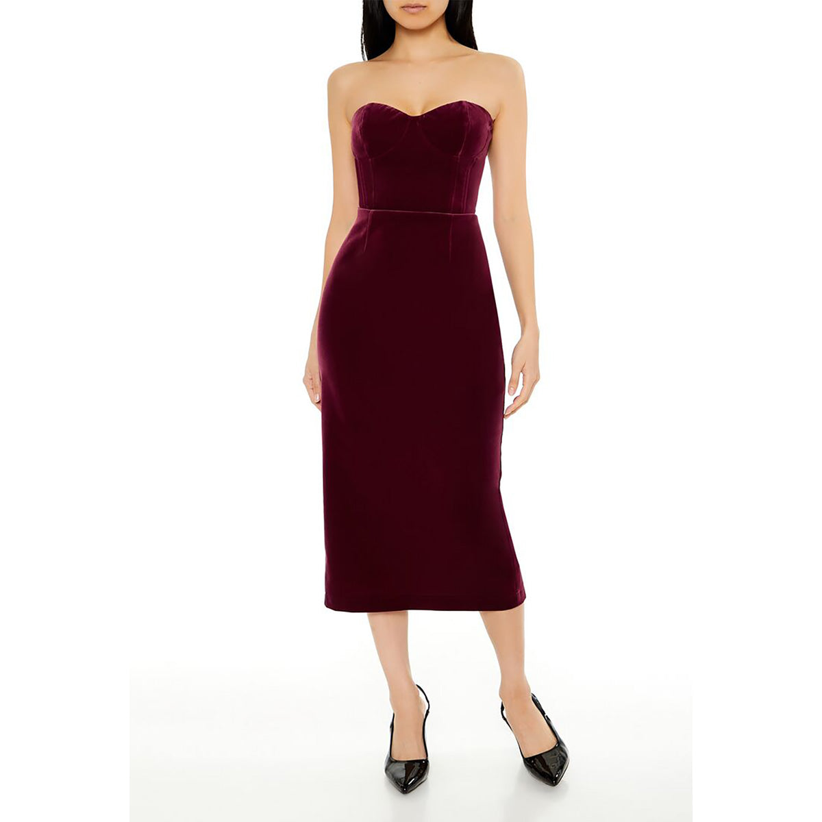 فوريفر 21 - فستان متوسط الطول من المخمل بفتحة على شكل قلب للنساء - يباع بواسطة اف اى جى