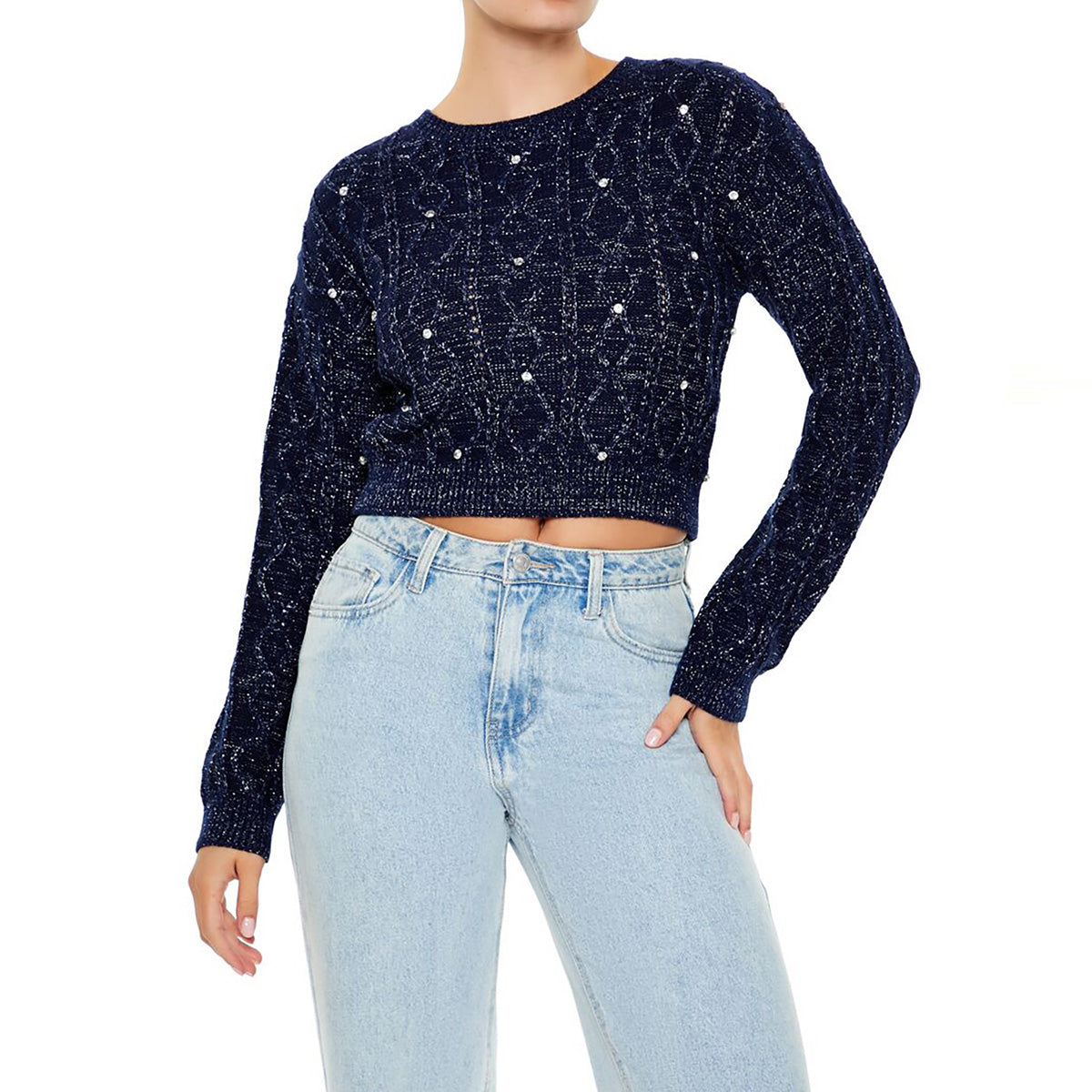 فوريفر 21 - بلوفر لامع مرصع بأحجار الراين للنساء - يباع بواسطة اف اى جى