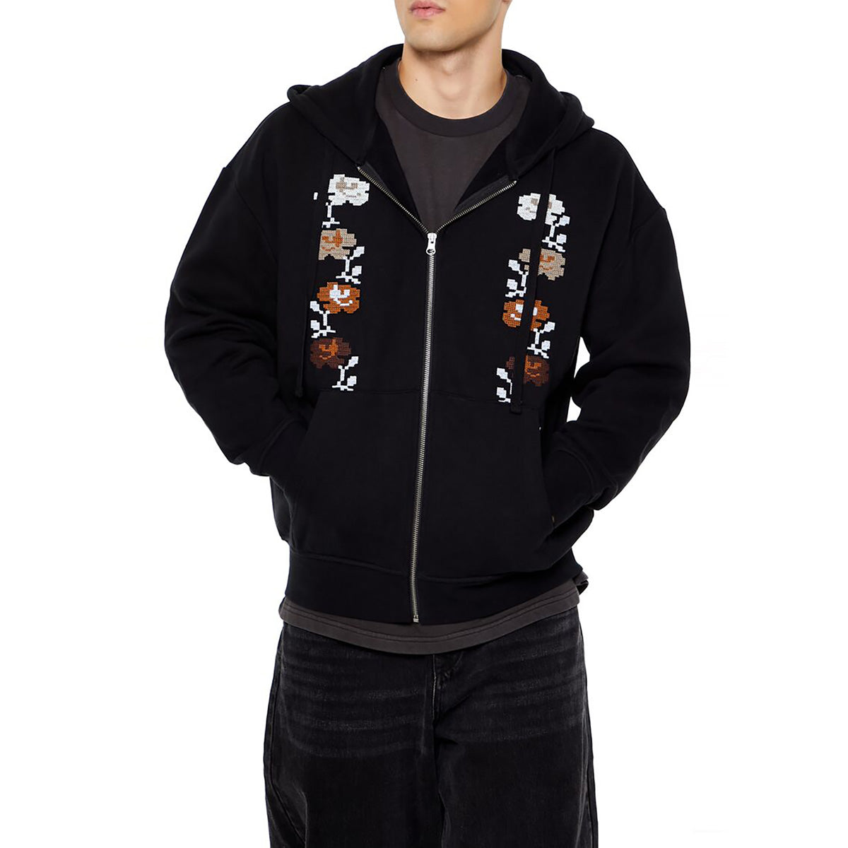 فوريفر 21 - هودي بسحّاب ومطرز بالزهور للرجال - يباع بواسطة اف اى جى