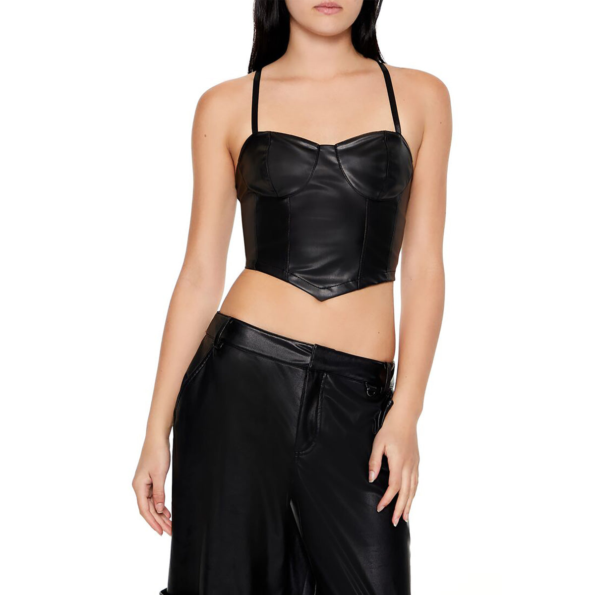 فوريفر 21 - توب من الجلد الصناعي بحاشية على شكل حرف V للنساء - يباع بواسطة اف اى جى