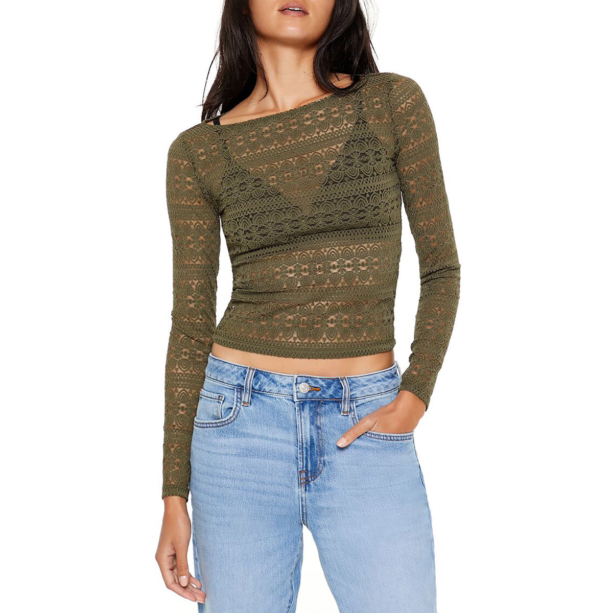 فوريفر 21 - بلوزة قصيرة من الدانتيل الشفاف للنساء - يباع بواسطة اف اى جى