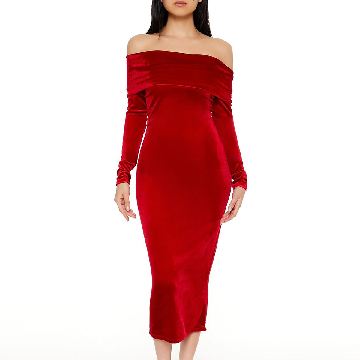 فوريفر 21 - فستان متوسط الطول من المخمل بدون أكتاف للنساء - يباع بواسطة اف اى جى