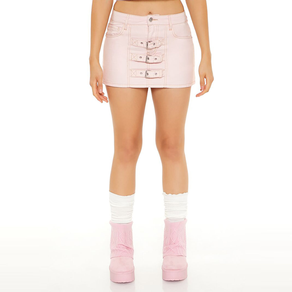 فوريفر 21 - تنورة قصيرة من قماش الدنيم مع حزام للنساء - يباع بواسطة اف اى جى