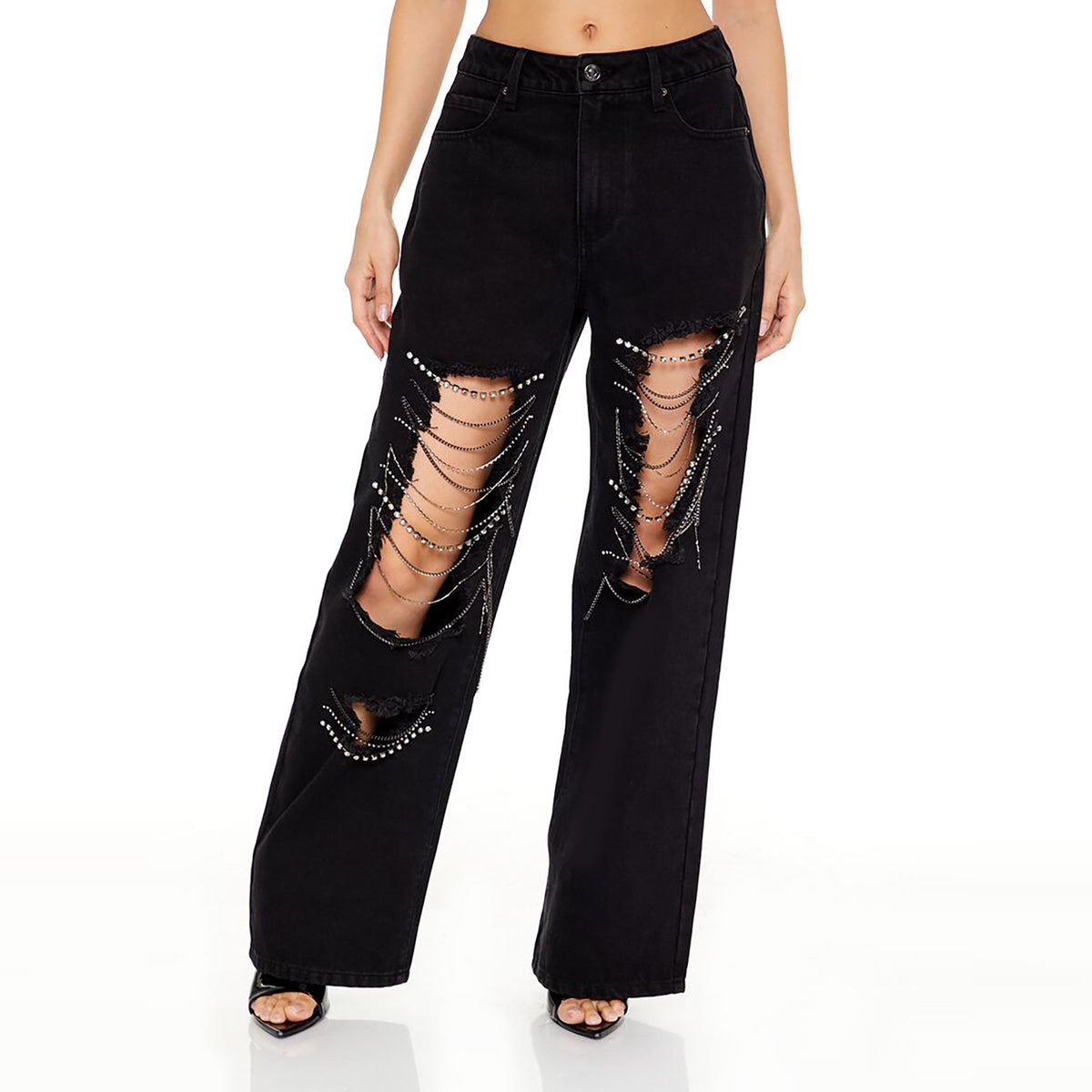 فوريفر 21 - بنطال جينز بخصر مرتفع وسلسلة من أحجار الراين للنساء - يباع بواسطة اف اى جى