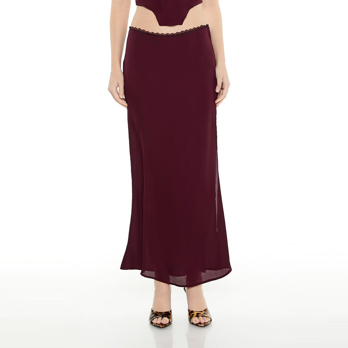 فوريفر 21 - تنورة ماكسي شيفون مزينة بالدانتيل للنساء - يباع بواسطة اف اى جى