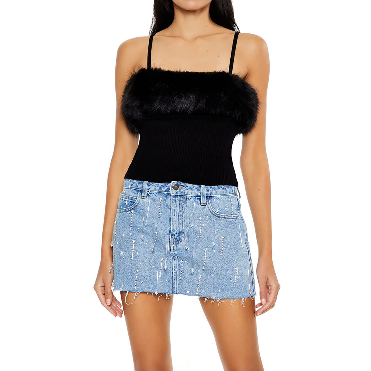 فوريفر 21 - بلوزة محبوكة مزينة بالفرو الصناعي للنساء - يباع بواسطة اف اى جى