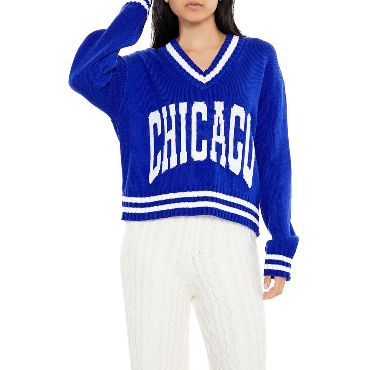 فوريفر 21 - بلوفر شيكاغو المخطط للنساء - يباع بواسطة اف اى جى