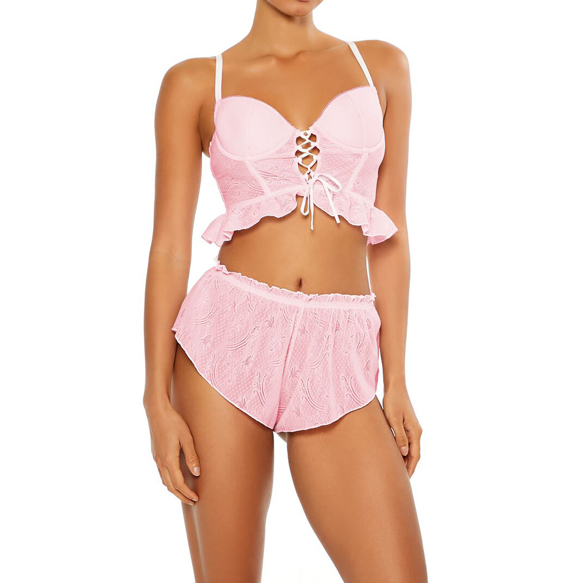 فوريفر 21 - بلوزة كامي بتصميم كورسيه مع كشكشة ورباط أمامي للنساء - يباع بواسطة اف اى جى