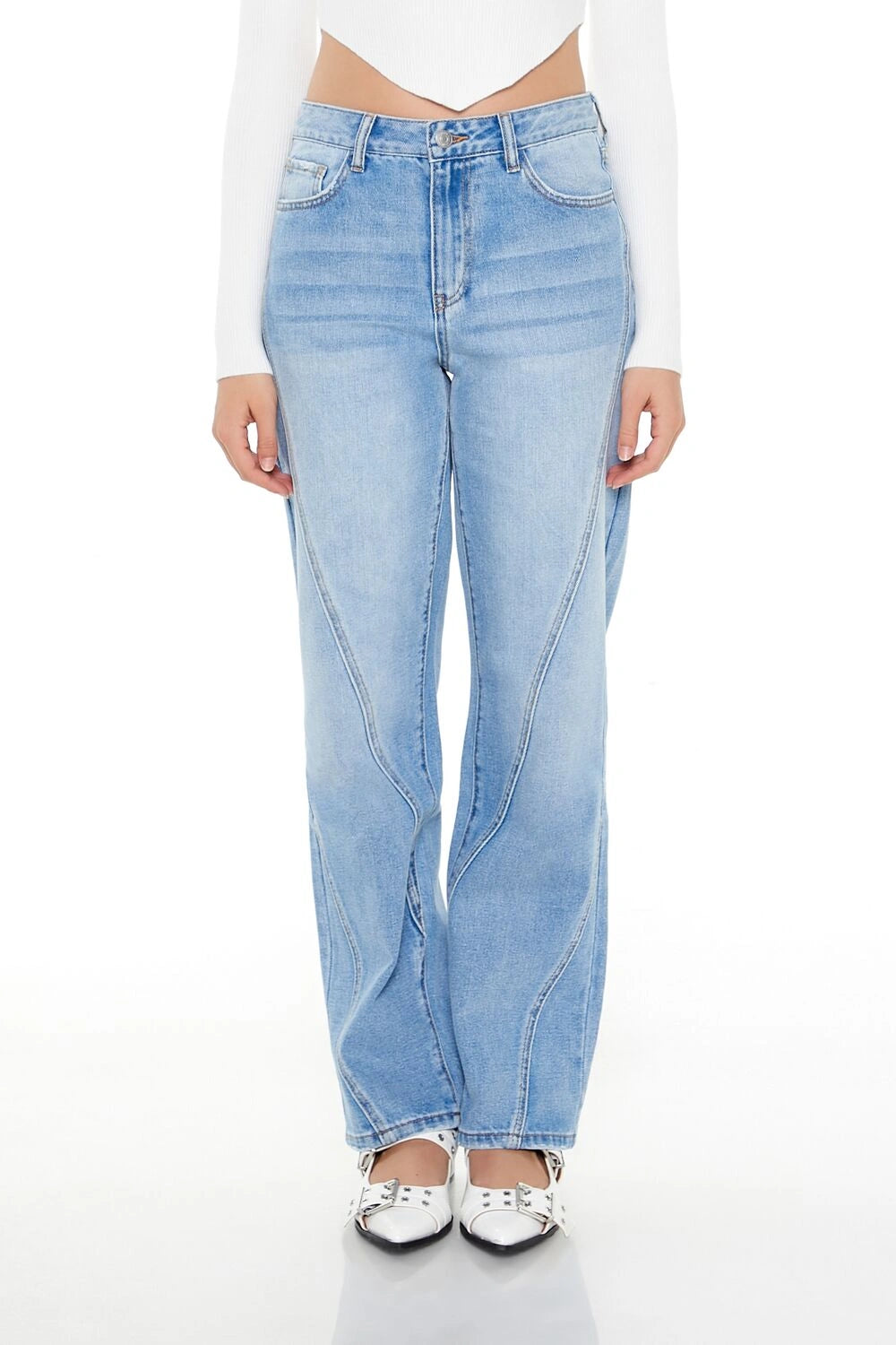 فوريفر 21-بنطال جينز مستقيم بخصر مرتفع-للنساء