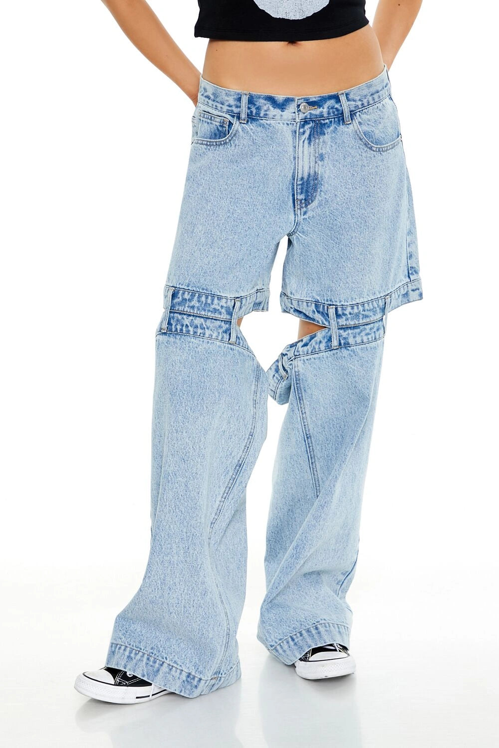 فوريفر 21-بنطال جينز واسع متوسط الارتفاع بفتحات-للنساء