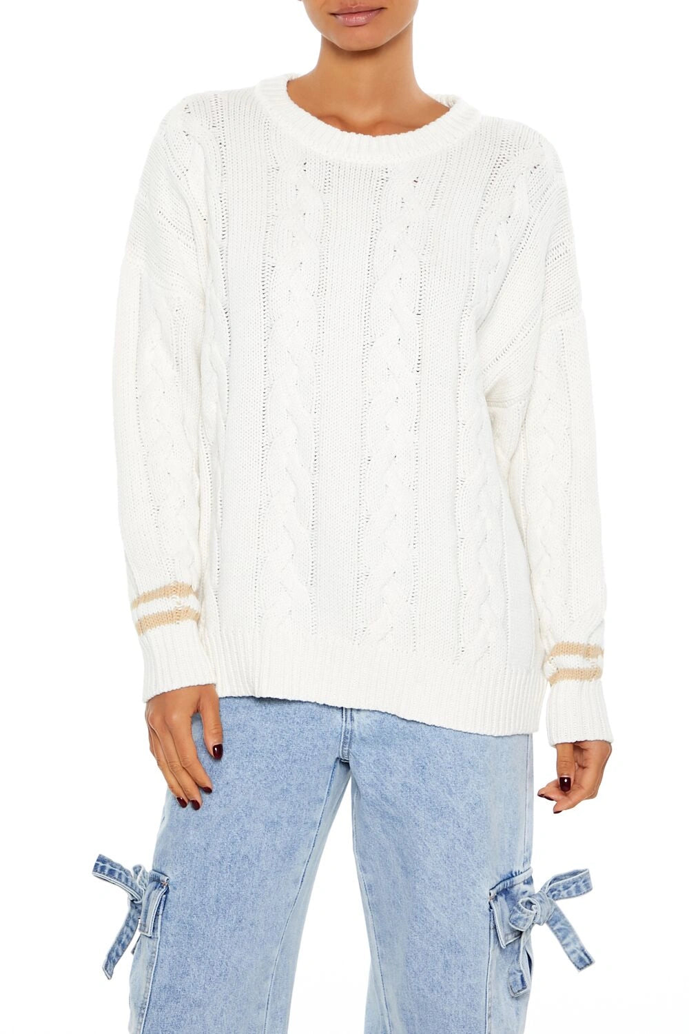 فوريفر 21-سترة محبوكة مخططة بنمط جامعي-للنساء