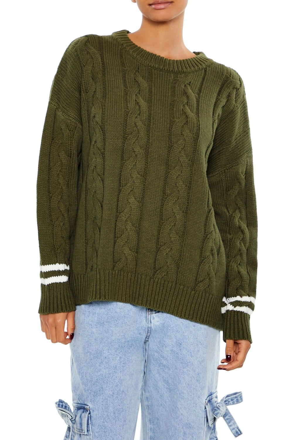 فوريفر 21-سترة محبوكة مخططة بنمط جامعي-للنساء