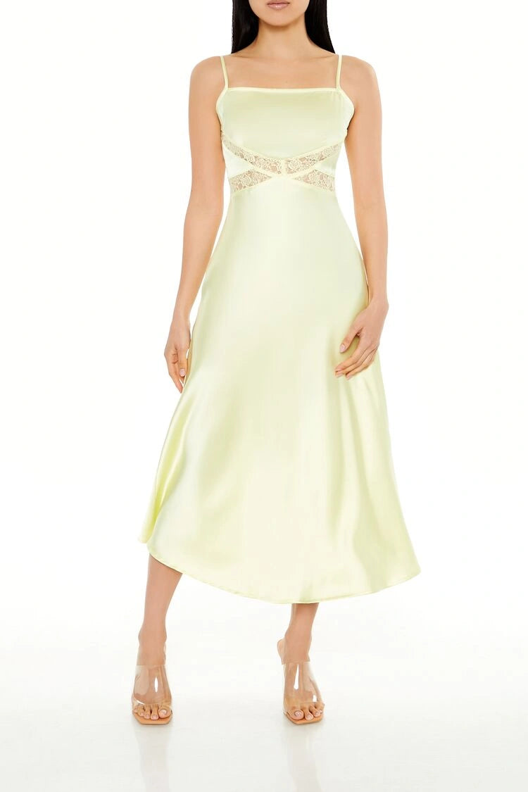 فوريفر 21-فستان ساتان متوسط الطول برباط خلفي-للنساء