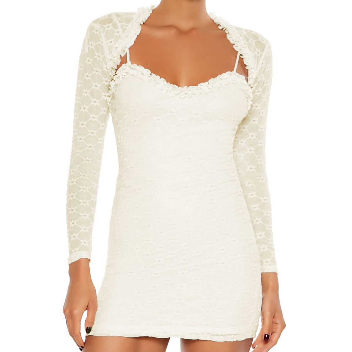 فوريفر 21 - طقم فستان قصير من الدانتيل مع بلوزة قصيرة للنساء - يباع بواسطة اف اى جى