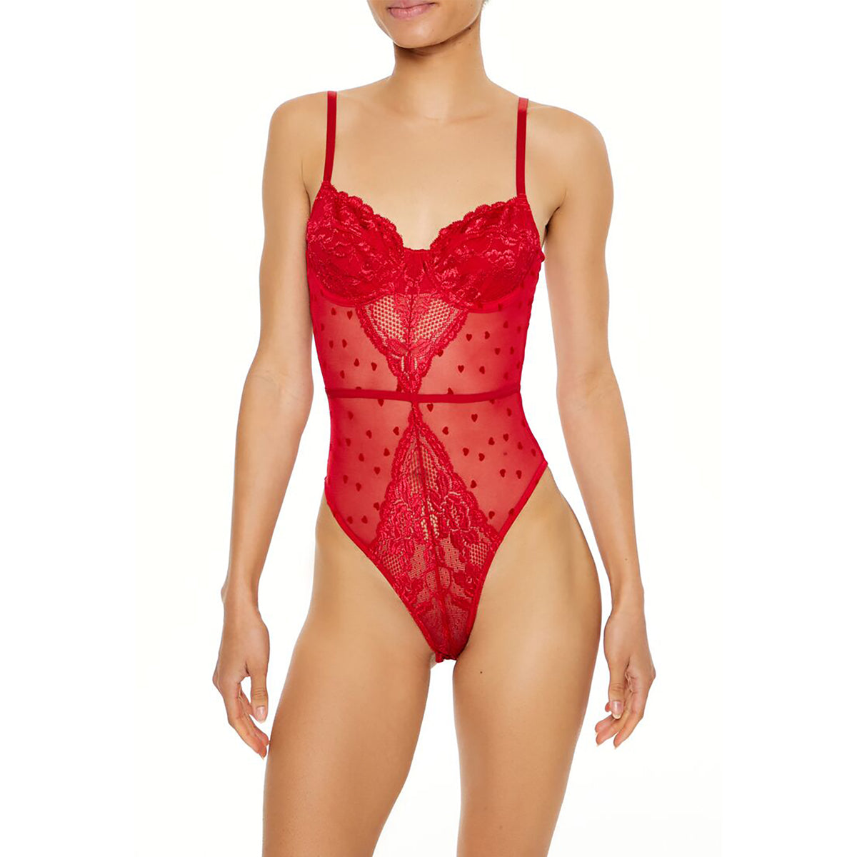 فوريفر 21 - بودي سوت ملابس داخلية من الدانتيل والشبك على شكل قلب للنساء - يباع بواسطة اف اى جى