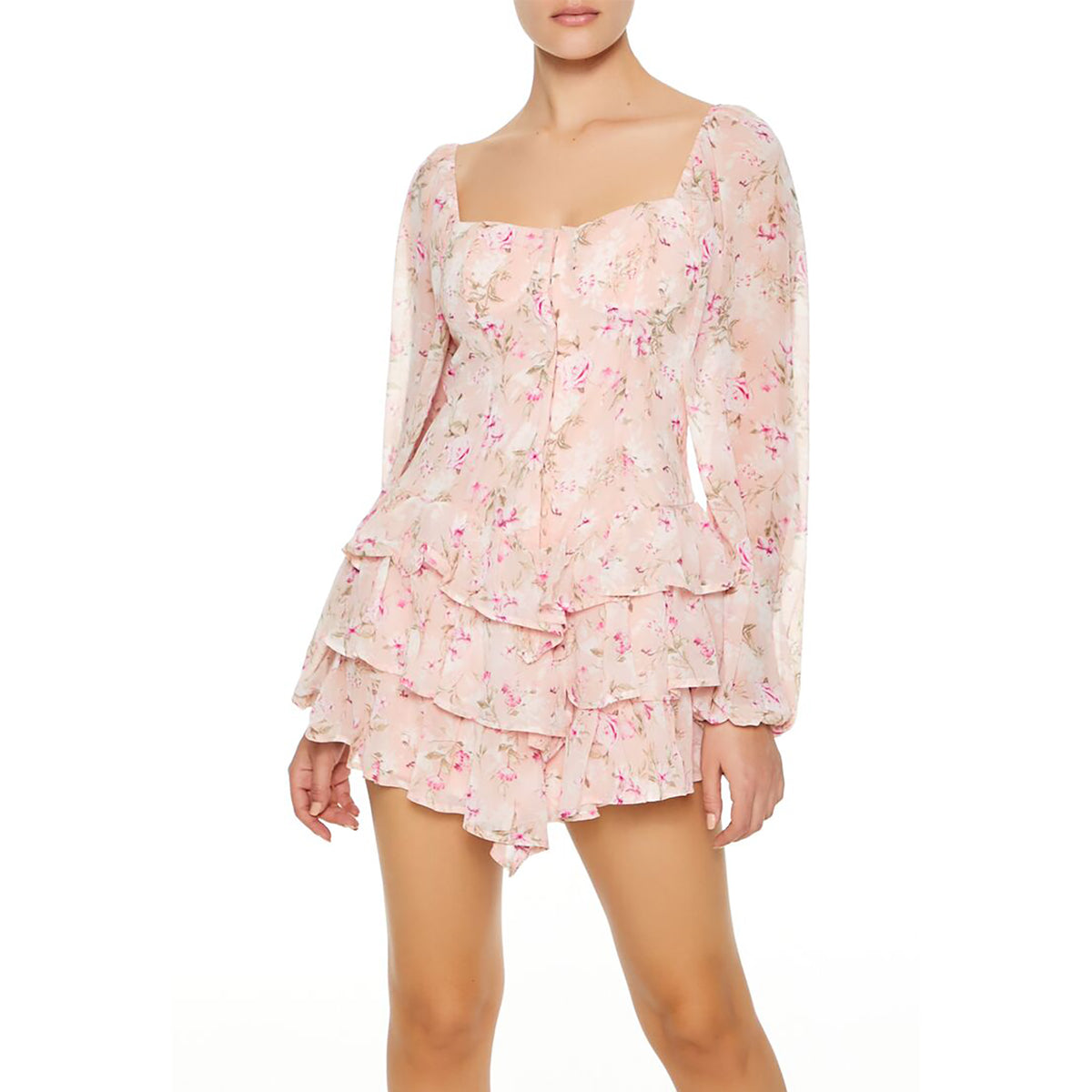 فوريفر 21 - فستان شيفون قصير متعدد الطبقات مزين بالزهور للنساء - يباع بواسطة اف اى جى