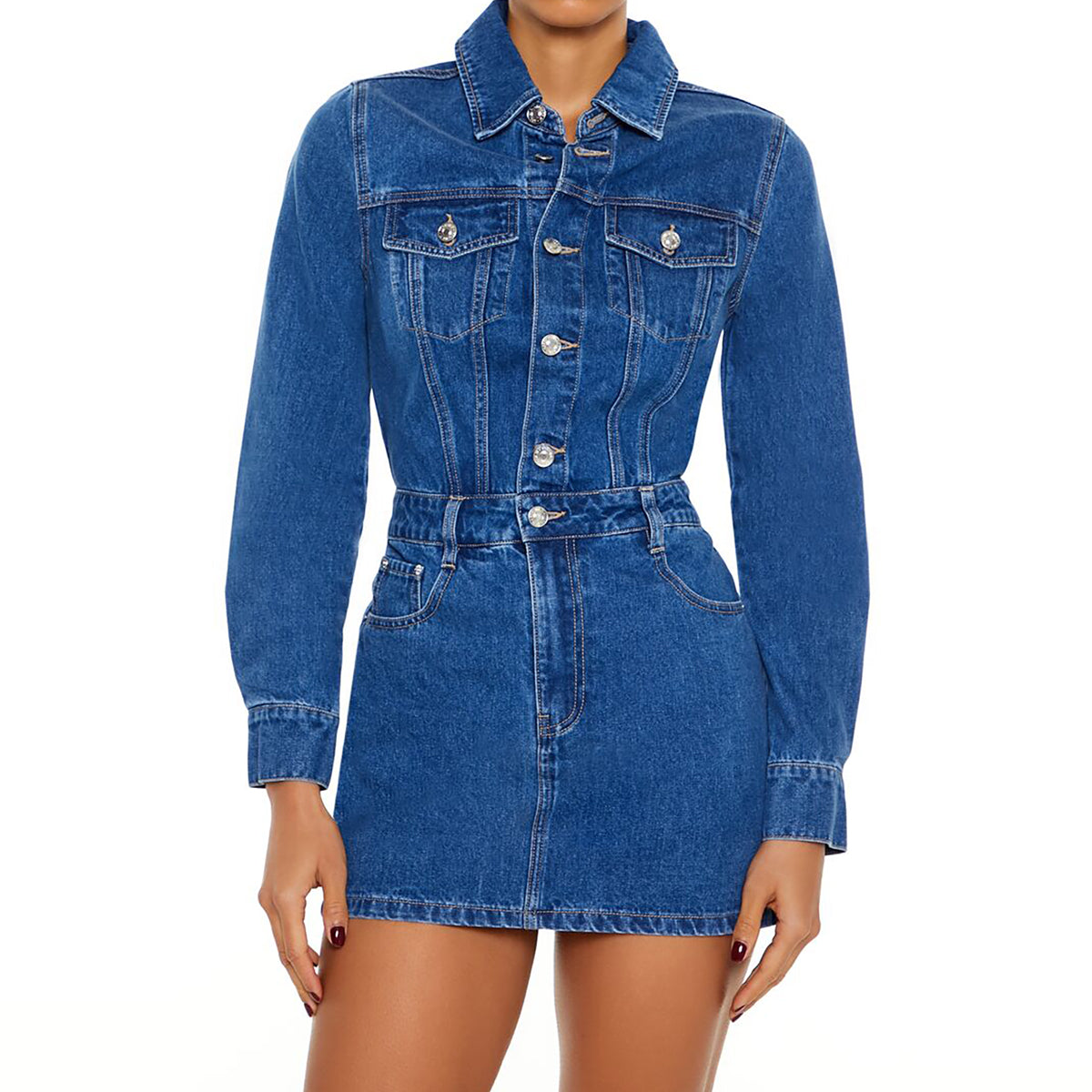فوريفر 21 - فستان جينز قصير بأزرار أمامية للنساء - يباع بواسطة اف اى جى
