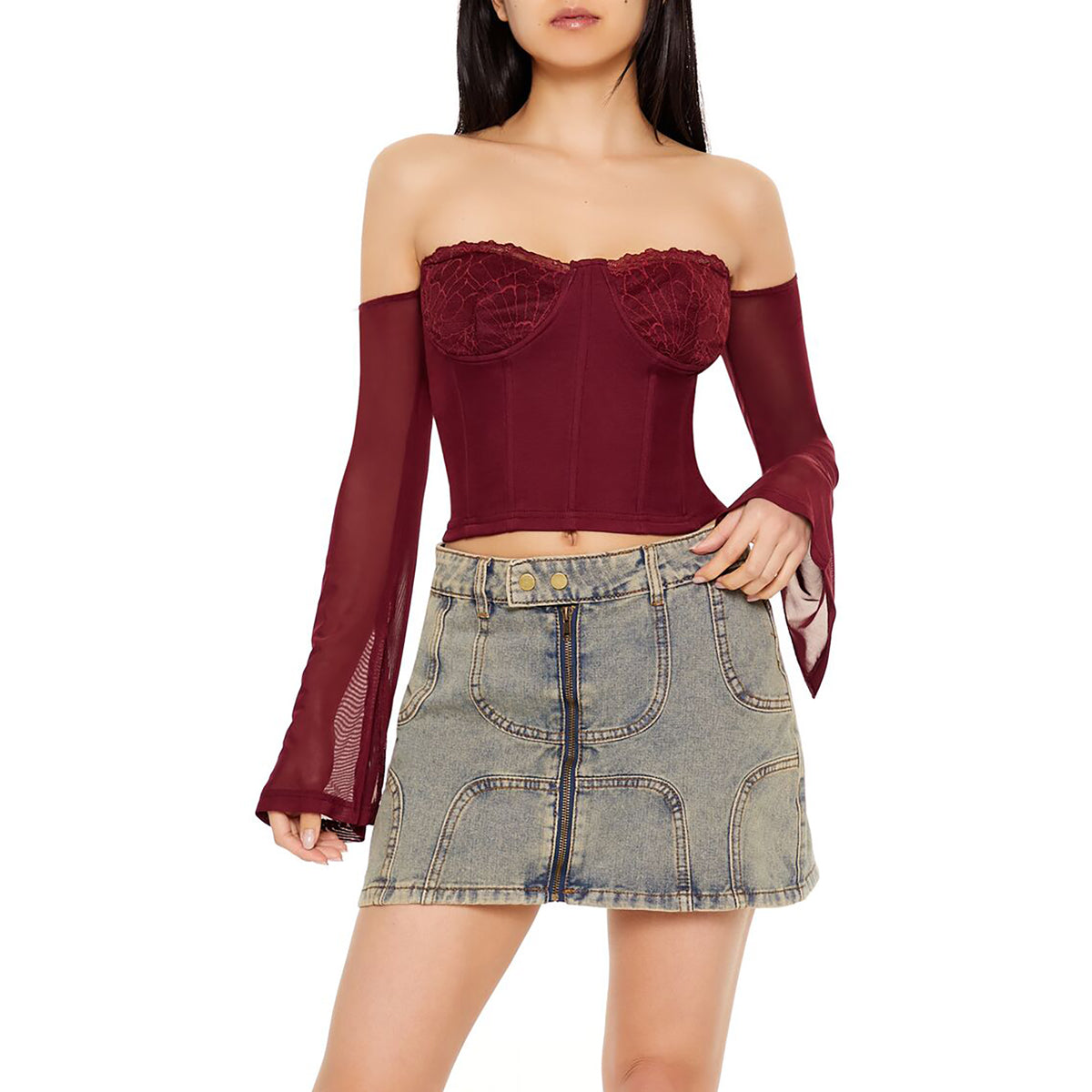 فوريفر 21 - بلوزة قصيرة مكشوفة الكتفين للنساء - يباع بواسطة اف اى جى