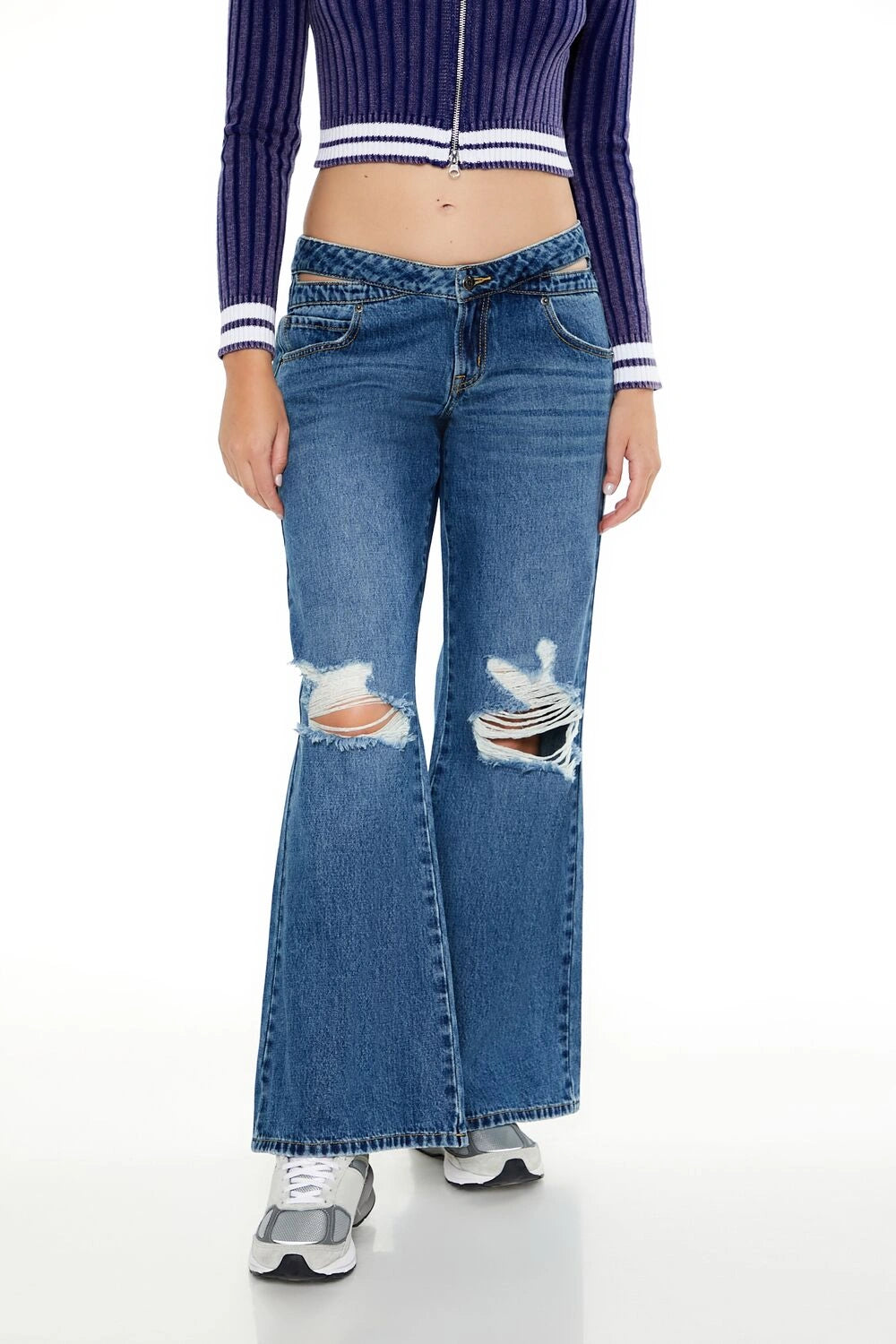 فوريفر 21-بنطال جينز واسع منخفض الخصر بفتحات-للنساء