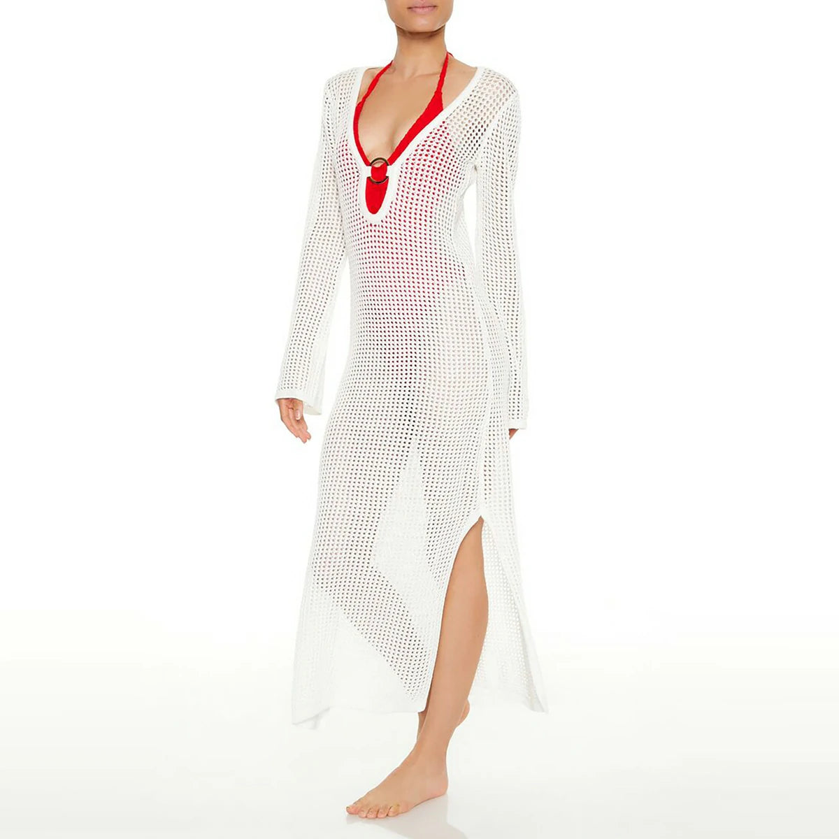 فوريفر 21 - فستان ماكسي للشاطئ بحلقة دائرية من الكروشيه للنساء - يباع بواسطة اف اى جى