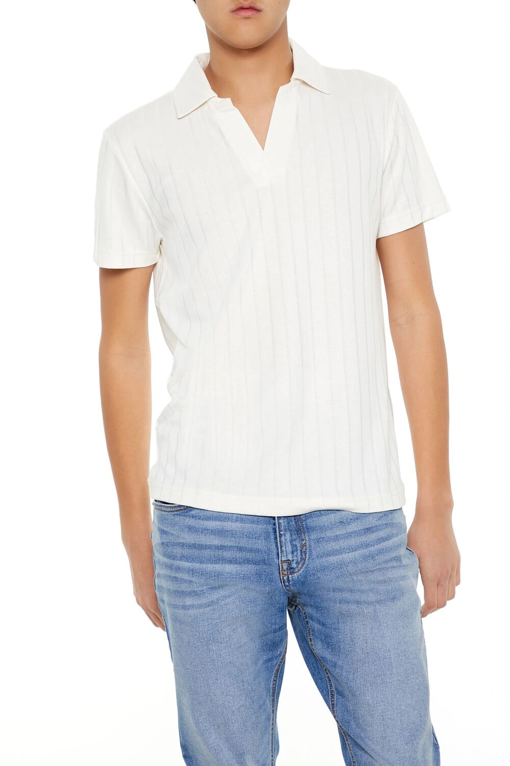 فوريفر 21-قميص بولو مخطط بفتحة رقبة واسعة-للرجال