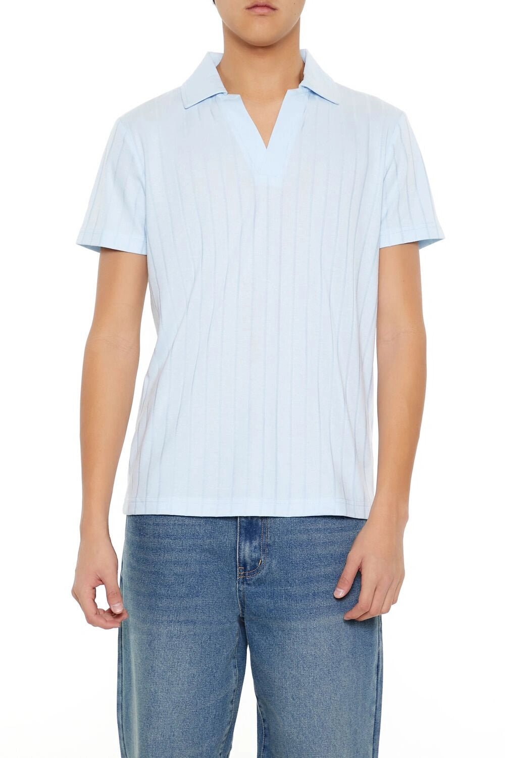 فوريفر 21-قميص بولو مخطط بفتحة رقبة واسعة-للرجال