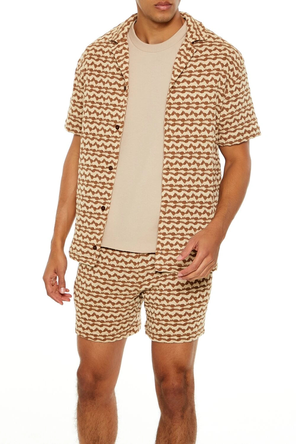 فوريفر 21-قميص هندسي مزخرف بياقة كوبية-للرجال