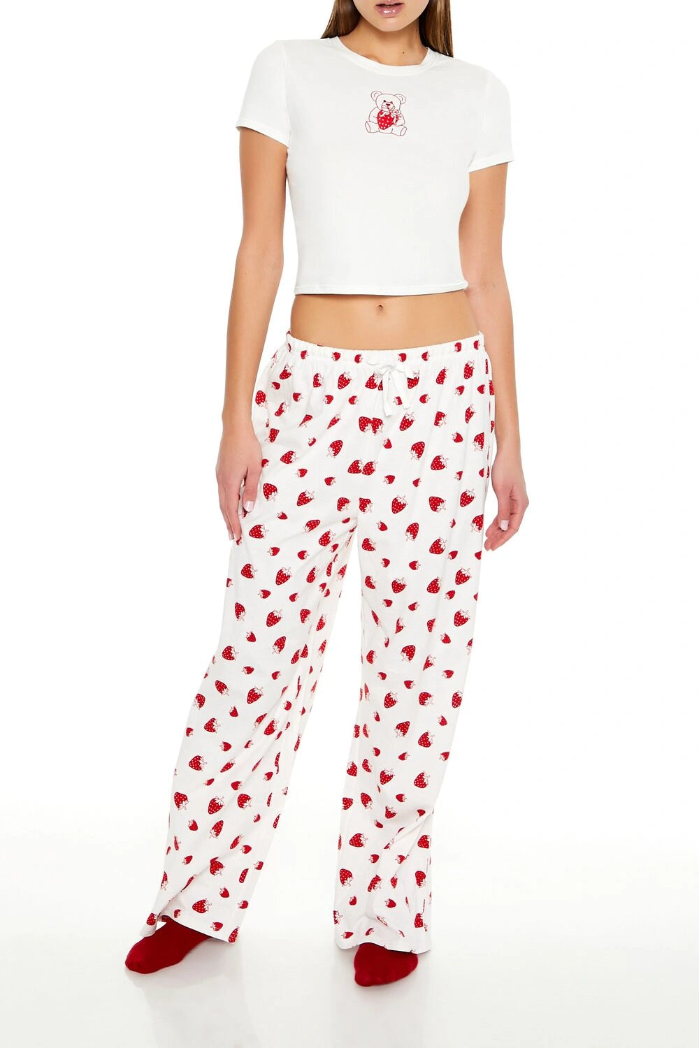 فوريفر 21-طقم بيجامة تيشيرت وبنطال بتصميم دب تيدي-للنساء